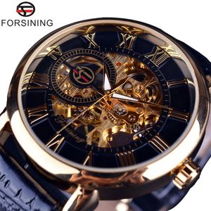 Forsining design 3d oco gravura preto dourado caso couro esqueleto relógios mecânicos masculino marca de luxo heren horloge 240123