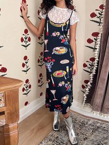 Casual Dresses Women Trendy Table Collection Print Long Dress Sexig ärmlös rygglös Sling Cami Y2K Eesthetic Streetwear