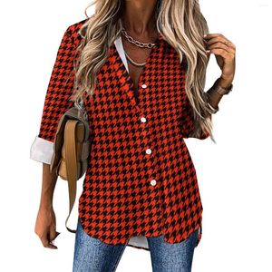 Blusas femininas preto vermelho houndstooth blusa casual impressão vintage bonito design feminino manga longa camisa solta outono roupas de grandes dimensões