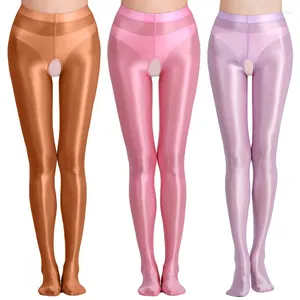 Mulheres meias brilhantes japonês sexy aberto virilha calças óleo brilhante crotchless meia-calça elástica meias de seda meias de cintura alta leggings