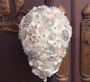 JaneVini Cascata artificiale unica Cristallo Fiori da sposa Bouquet da sposa Lussuoso Champagne Diamanti Perle Bouquet da sposa Pizzo5333484