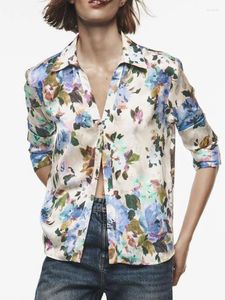 Bluzki damskie 2024 Autumn wysokiej jakości Lapel Long-Sleeved Sweet Floral Print Satynowy Drapher Resort Style Drape Casual Shirt