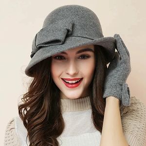 Women Party Formal Headwear Lady Winter Fashion Asymmetric Bowknot 100 Wool Felt Hats 240126