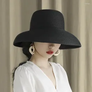 Basker kvinnors hink hatt sommar stora brim halm fransk retro strand semester sol mössa femaletravel modekläder