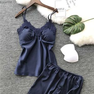 Calças femininas de duas peças sexy mulheres sleepwear mulheres sexy cetim sling sleepwear lingerie renda camisola conjunto roupa interior feminino sleep wear pijamas * s yq240214