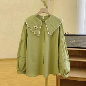 Women's Blouses Korean Style Trendy Sweet Lace Tops Patchwork Ruffled Doll Collar Button Up Shirt Women Long Sleeve H58