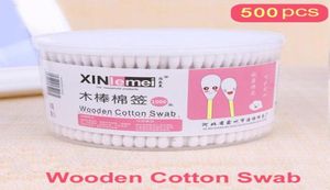 500 pezzi di scatola di tamponi di cotone in legno bastoncini di cotone usa e getta a doppia testa punte per la pulizia dell'orecchio del naso tamponi di cotone morbido strumento di trucco19571597194606