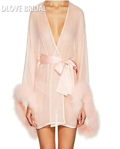 Short Blush Pink Bridal Wedding Robe with Marabou Trim on Sleeve Sash Short Sexy Night Gown Pajamas8233170