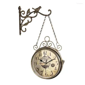 Wall Clocks Vintage Double Side Silent Clock Wrought Iron Hanging Time Ornaments For Home Bedroom Dormitory