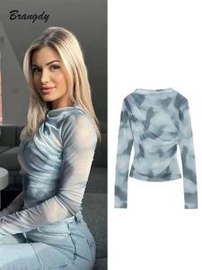 Traf Mesh Tops For Women Zat Ruched Tie Dyed Printed Vintage Mesh Long Sleeve Tops Female Spring Summer T Shirt Y2k Tops 240126