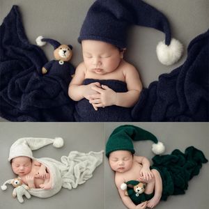 Born Pography Props Sticked Wrap Bear Hat Doll 3PCSSet Studio Backdrop Filt Baby Wraps PO Shooting Accessories 240127