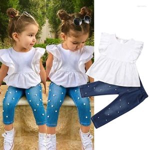 Giyim Setleri Toptan bebek kız kıyafetleri çocuklar yaz 2pcs pamuk fırfırlı tişört inci inci dekorasyon kot pantolon çocuk kıyafetleri