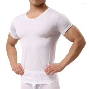 Ternos masculinos A2457 Homem Undershirt Ice Silk Camisetas Masculinas Nylon Com Decote Em V Mangas Curtas Tops Ultra-finos Cool Pijamas