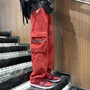 Japonês xadrez xadrez xadrez jeans moda rua hip hop solto em linha reta calças de perna larga casal outerwear calças vermelho preto 240125