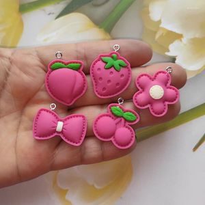 Charms 10pcs Rose Red Strawberry Cherry Cute Peach Flower Pendants Flatback Resin DIY Jewelry Bracelet Earring Necklace Making