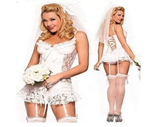 Vitt spetsbröllop Underkläder Bröllopsklänning med strumpebandknapp Seethrough Sexig Pyjamas Bridal Underkläder6495710