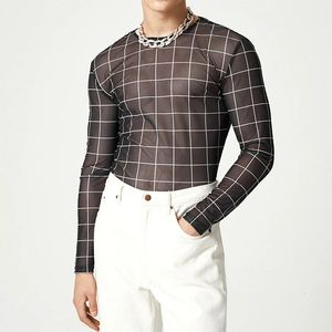 Plaid Print Mesh T Shirts Men Slim Fit Long Seeve O-Neck Tee Tops Summer Casual Mens Perspective Tight T-Shirt Streetwear 240122