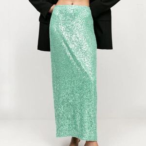 Skirts Elegant Green Sequined Maxi For Women Sexy High Waist Slit Club Party Outfits Fashion Casual Long 2024