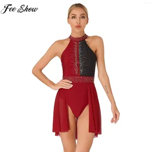 Abbigliamento da palcoscenico Body da donna per pattinaggio di figura su ghiaccio Vestito da balletto Lirico Danza Ginnastica Performance Costume Abbigliamento da ballo senza schienale con strass lucidi