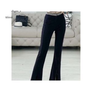 New Autumn Winter Micro Flared Plush Slit Casual Pants with Contrasting Hot Diamond Lettering Waistband Classic Cut and High Waist Design