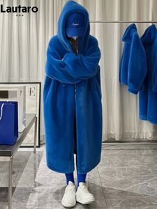 Lautaro Inverno Lungo Oversize Caldo Spessore Blu Bianco Soffice Pelliccia Sintetica Cappotto Donna con Cappuccio Allentato Casuale Stile Coreano Moda 240125