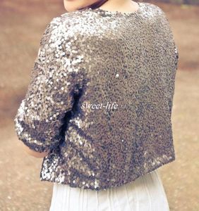 Brilhante prata cinza meia manga lantejoulas jaquetas de noiva 2020 encolher de ombros formal feminino país casamento casacos boleros acessórios de casamento5581224