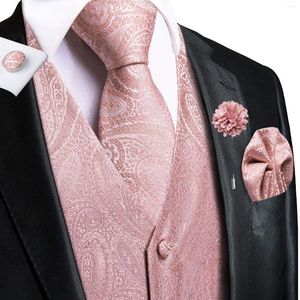 Män västar bröllop persika rosa mens siden paisley jacquard waistcoat slips hanky manschettknappar brosch set för män passar formell affär hi-tie
