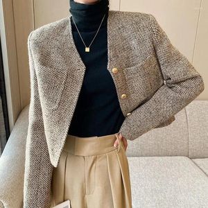 Damenjacken Tweed-Mantel Herbst Winter Koreanische einfache Jacke O-Ausschnitt Retro Einreiher Design Anzug Khaki Outwear Top I185