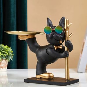 French Bulldog Decoration With Wood Holder Dog Sculpture for Home Decor Animal Statyes Butler Office Desk Ornaments Living Room 240131