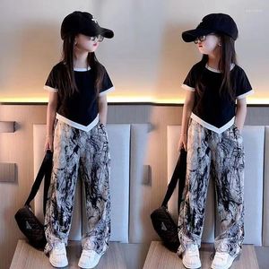 Clothing Sets Fashion Girls Clothes Summer Children Short Sleeve T-shirts Loose Wide Leg Thin Pants 2PCS Kids 8 10 12 14 Year