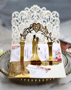 3D bröllopinbjudningskort Laser Hollow Out Bride och Bridegroom Reflective Gold Inbjudningar för bröllopsengagemang av DHL FedEx 6975246