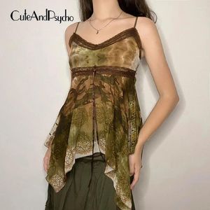 Women's Tanks Cuteandpsycho Tie Dye Print Vintage Camisole Sleeveless Lace Patchwork Asymmetrical Tops Y2K Fairycore Retro Outfits 90s