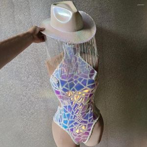 Palco desgaste lantejoulas brilhantes sem mangas halter bodysuit com chapéu para mulheres sexy desempenho trajes de festa boate cantor dançarino