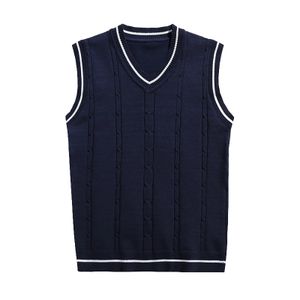 Men'S Sleeveless Sweater Vest Striped Trim V Neck Pullover Vestes Knitwear Male Waistcoat 240119