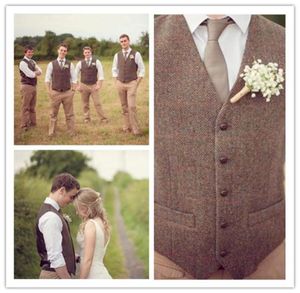 Brudgumv västar land gård bröllop brun ull fiskbens tweed västar skräddarsydd brudgum Vest Slim Fit Mens Suit Vest Prom Wedding WA8047684