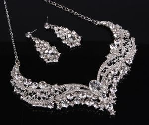 Silbernes Luxus-Brautschmuck-Set mit Kristallen, Damen-Halskette, Ohrstecker für Braut, Brautjungfern, Abend, Abschlussball, Party-Accessoires7351435