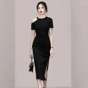 Party Dresses Summer Split Pencil Women Mid-Calf Slim Ol Work Casual Dress Elegant Office Lady Black Vestido