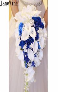 Janevini buquê de casamento artificial cascata azul real com flores de noiva de cristal rosas calla lírio broche de noiva buquê de marr3748918