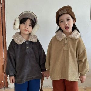 Jackets 2024 Winter Kids Lining Berber Fleece Corduroy Coats Boys Woolen Lapel Collar Pullover Girls Thicken Warm Loose Tops