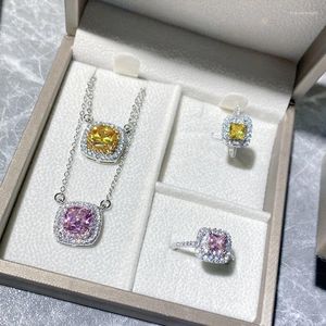 Necklace Earrings Set Versa Classic Simple Fashion Sense Gold Plated Square Pink Zircon Ring