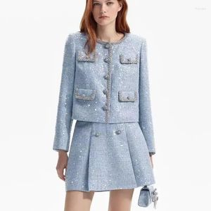 Giacche da donna Giacca in tweed con finiture in diamanti e paillettes glitterate all'inizio della primavera blu nebbia/gonna dello stesso stile