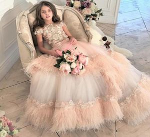 Luxury Flower Girl Dresses With 3D Floral Appliques Feather Jewel Neck Short Sleeve Girls Pageant Dress A Line Beaded Kids Formal 3804762
