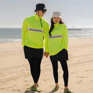 Roupa de banho feminina terno de mergulho surf verde manga comprida casal solto encaixe casual férias proteção solar esportes ao ar livre praia maiô