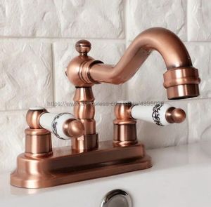 Bathroom Sink Faucets Antique Red Copper 2 Holes Basin Mixer Taps Deck Mounted Double Holder Swivel Spout Faucet Brg046