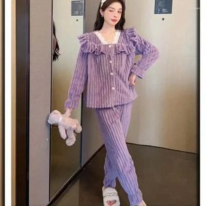 Women's Sleepwear 2024 Lace Coat Fleece 2 Piiama Warm Solid Piece Pajamas Korean Ruffle Home Thick Pant Night Suit Set Wear Winter Women