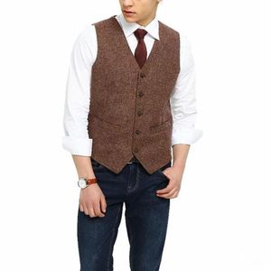 2018 British Country Style Farm Wedding Brown Wool Herringbone Tweed Vests Custom Made Groom039s Suit Vest Slim Fit Wedding VES4730781