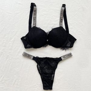 Bras conjuntos 2024 vs mulheres roupa interior lingerie conjunto 2 peça push up sutiã e calcinha verão renda strass carta design de marca