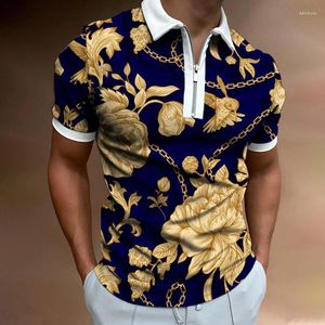 Men's Polos Flower Pattern Polo Shirt For Men Hawaiian 3D Print Zipper Short Sleeve Summer