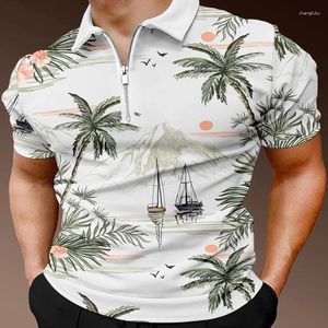 Polos Coconut Tree Hawaii Print 3D Polo zamek błyskawiczny Koszulka z krótkim rękawem dla mężczyzn