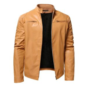 Winter herren Fleece Leder Jacken Solide Stehkragen Motorrad PU Leder Oberbekleidung Männer Warme Moto Biker Bomber Jacke Mäntel 240131